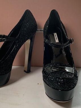 Brand New Miu Miu Black Glitter 1 Nero style platform shoes, size 38 1/2